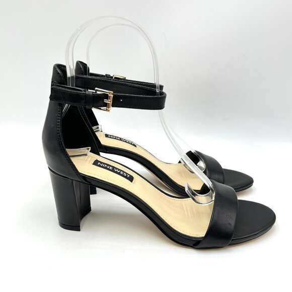 Nine West Womens Pruce Black Leather Block Heel Open Toe Sandals Heels Shoes 6.5 - Picture 1 of 13